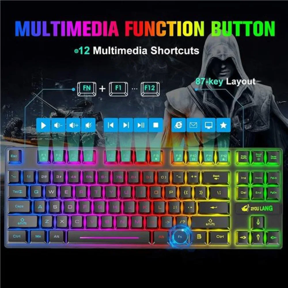 Wireless Gaming Keyboard and Mouse Combo with 87 Key Rainbow LED Backlight